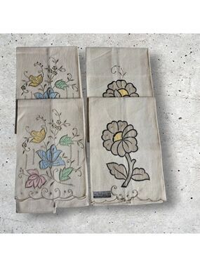 Bundle 4 Madeira Maid Linen Tea Towels Napkins 4 Embroidered Flower Leaf Spring